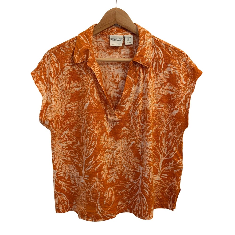 Rachel Zoe Linen Jersey Polo Top XL Cropped Boxy Botanical Print Resort Beachy